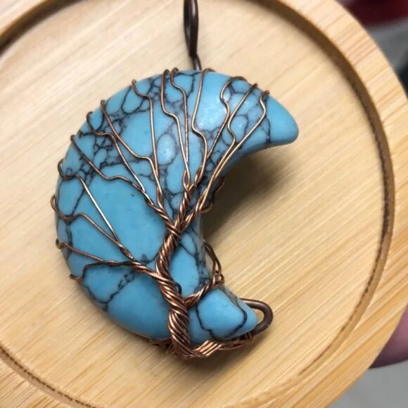 Crescent Moon Tree Of Life Copper Wire Wrap Blue Howlite Stone Pendant - Picture 3 of 3